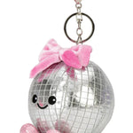 Iscream Polyester Disco Ball Bag Charm in Pink, left side view showing metallic grid and plush bow