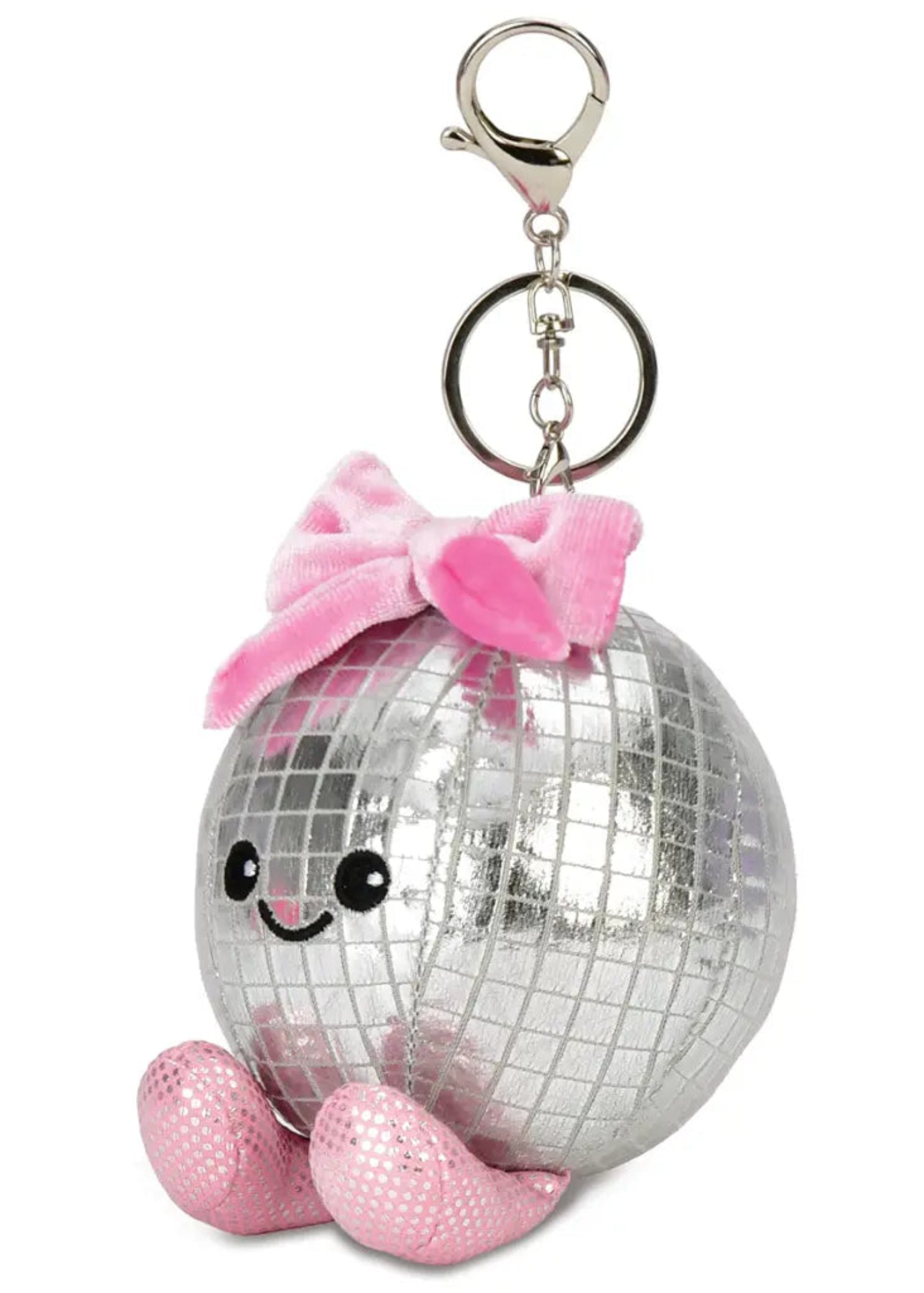 Iscream Polyester Disco Ball Bag Charm in Pink, left side view showing metallic grid and plush bow