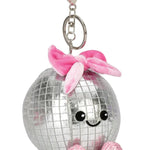 Iscream Polyester Disco Ball Bag Charm in Pink, right side view showing metal chain and plush feet