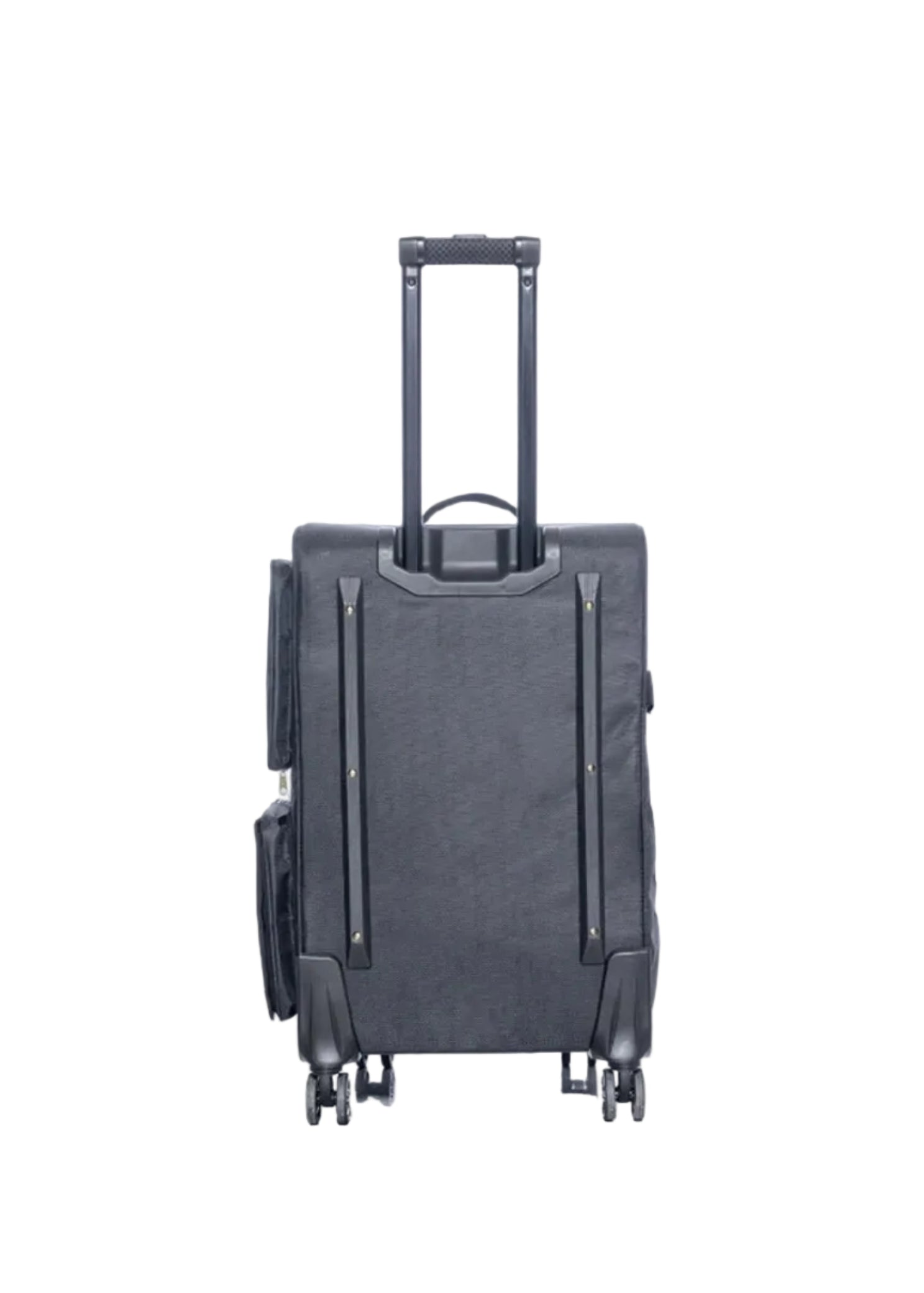 Rac n Roll Duffel with Built-In Rack in Black, back view showing 360° all-terrain wheels and telescopic handle