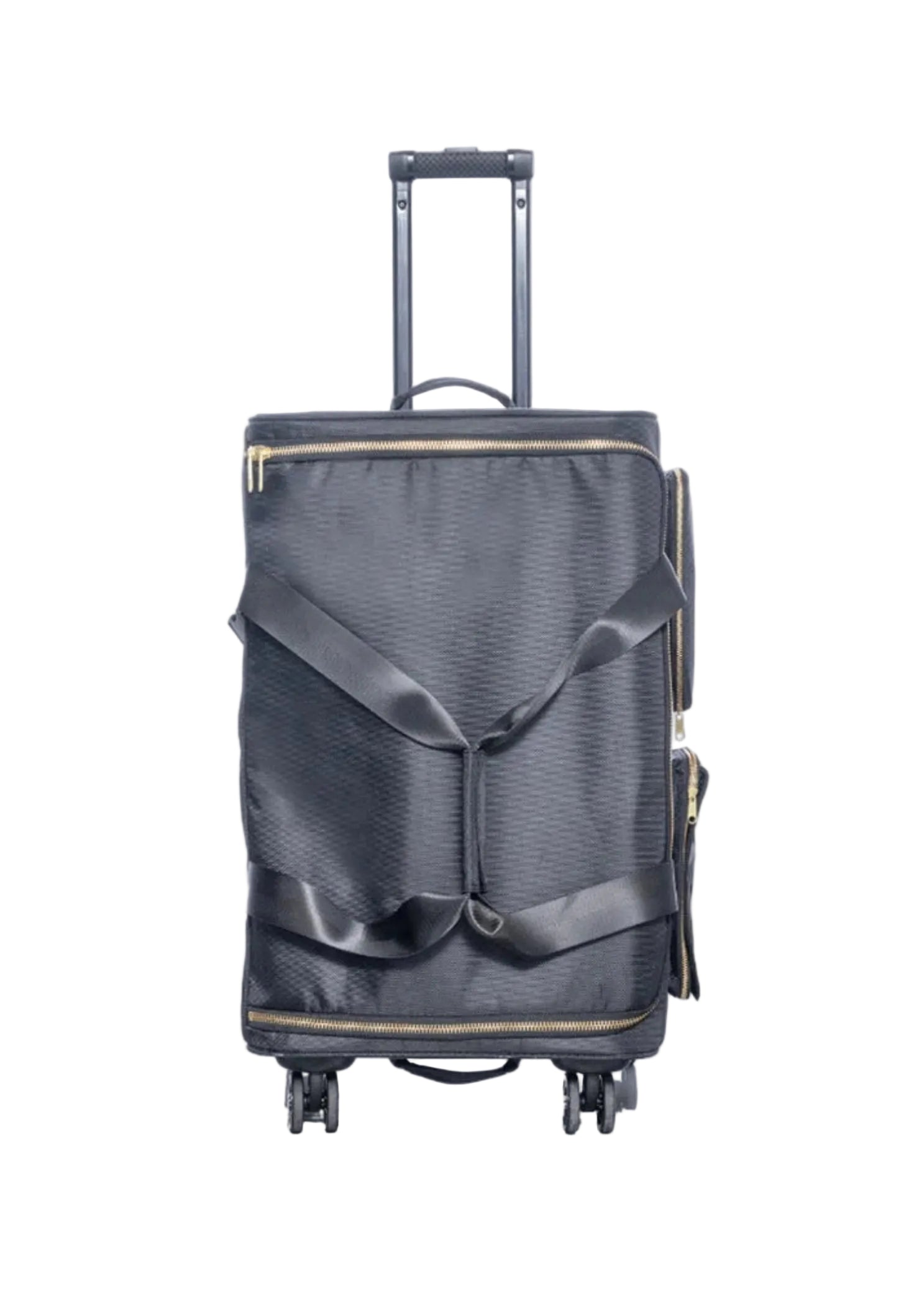 Rac n Roll Duffel with Built In Rack in Black, front view showing polyester exterior and nylon gold zipper