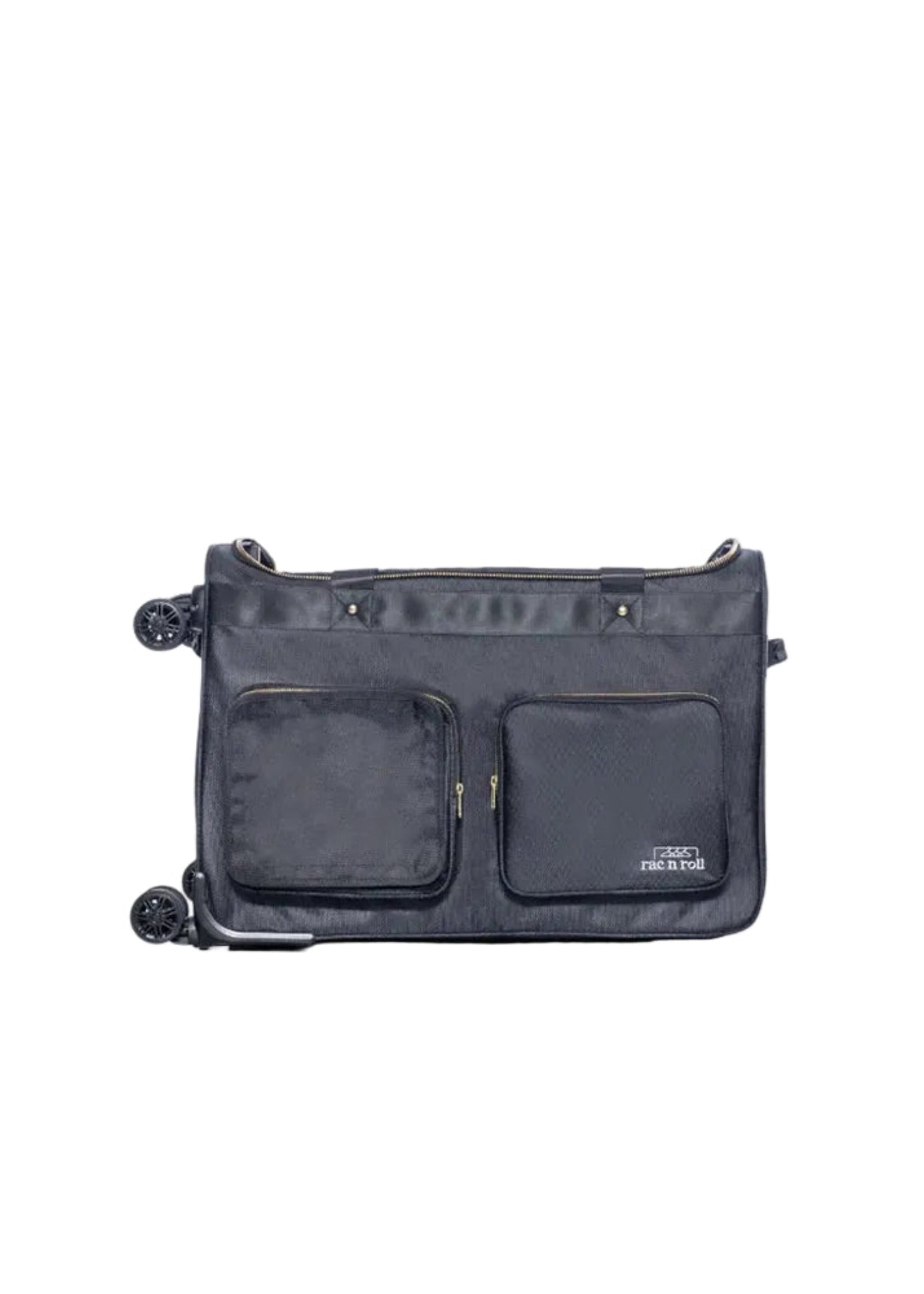 Rac n Roll Duffel with Built-In Rack in Black, horizontal view showing rolling duffel silhouette and gold zipper