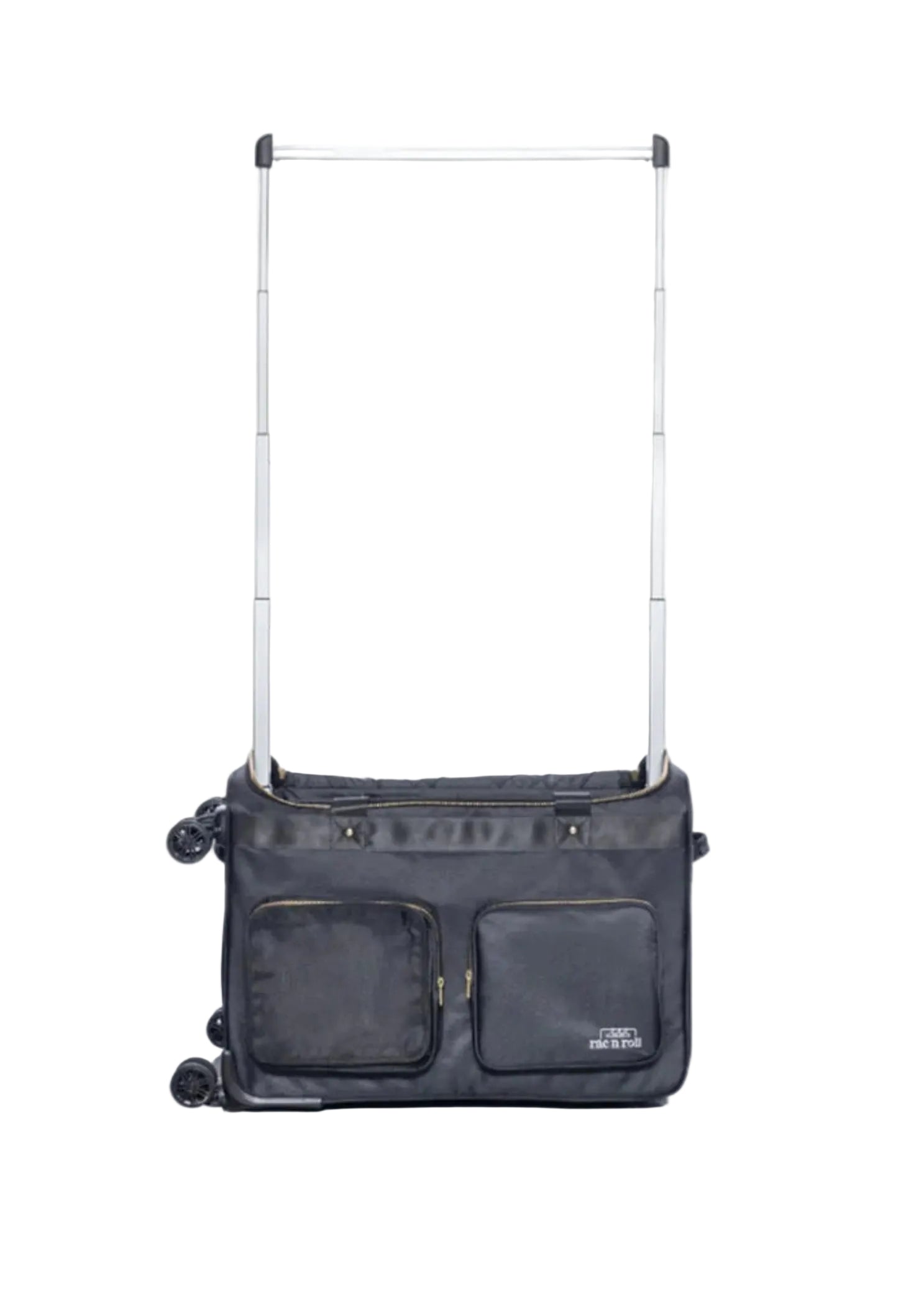 Rac n Roll Duffel with Built-In Rack in Black, horizontal view showing extended garment rack and telescopic handle