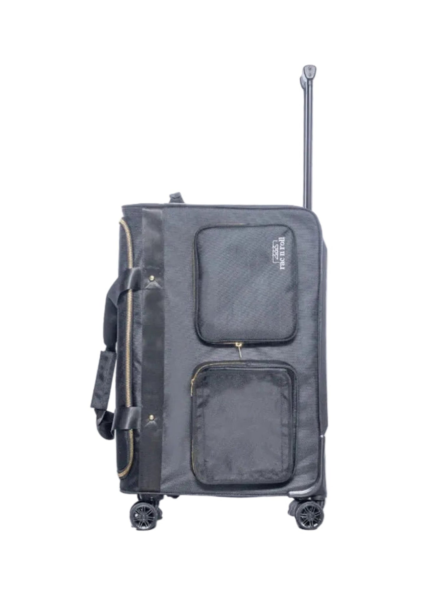 Rac n Roll Duffel with Built-In Rack in Black, left side view showing garment hooks and all-terrain wheels
