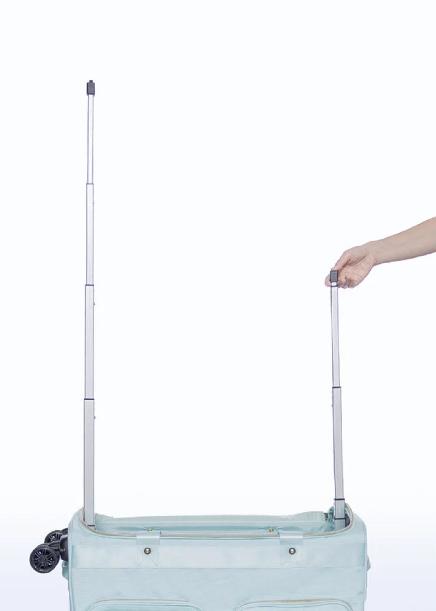 Rac n Roll Duffel with Built-In Rack in Sky Blue, rack demo view showing built-in rack deployed with costumes
