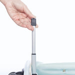 Rac n Roll Duffel with Built-In Rack in Sky Blue, rack demo view showing telescopic handle extended with rack open