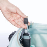 Rac n Roll Duffel with Built-In Rack in Sky Blue, rack demo view showing single-rod rack with costumes hanging