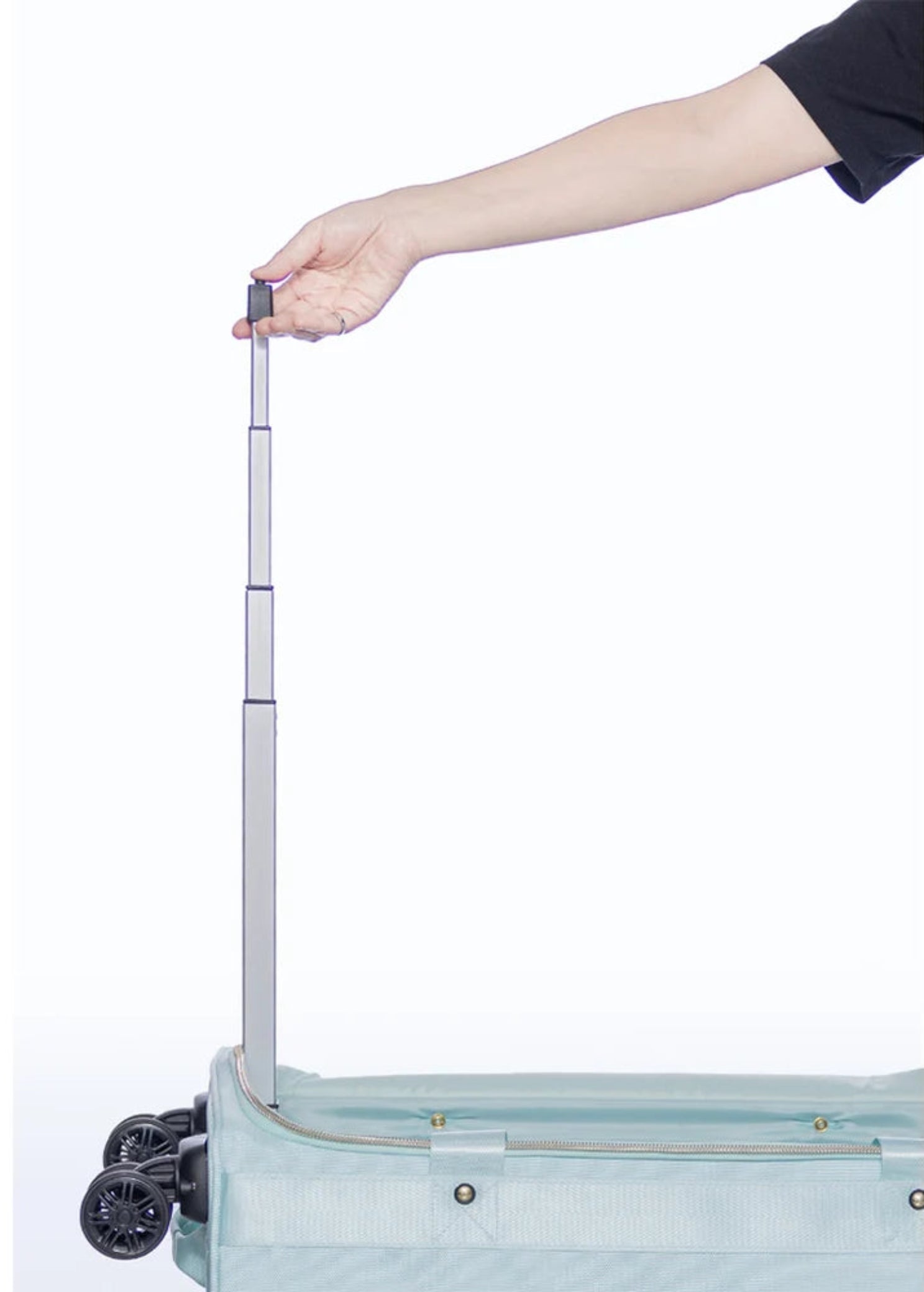 Rac n Roll Duffel with Built-In Rack in Sky Blue, rack demo view showing garment hooks and stool storage pocket