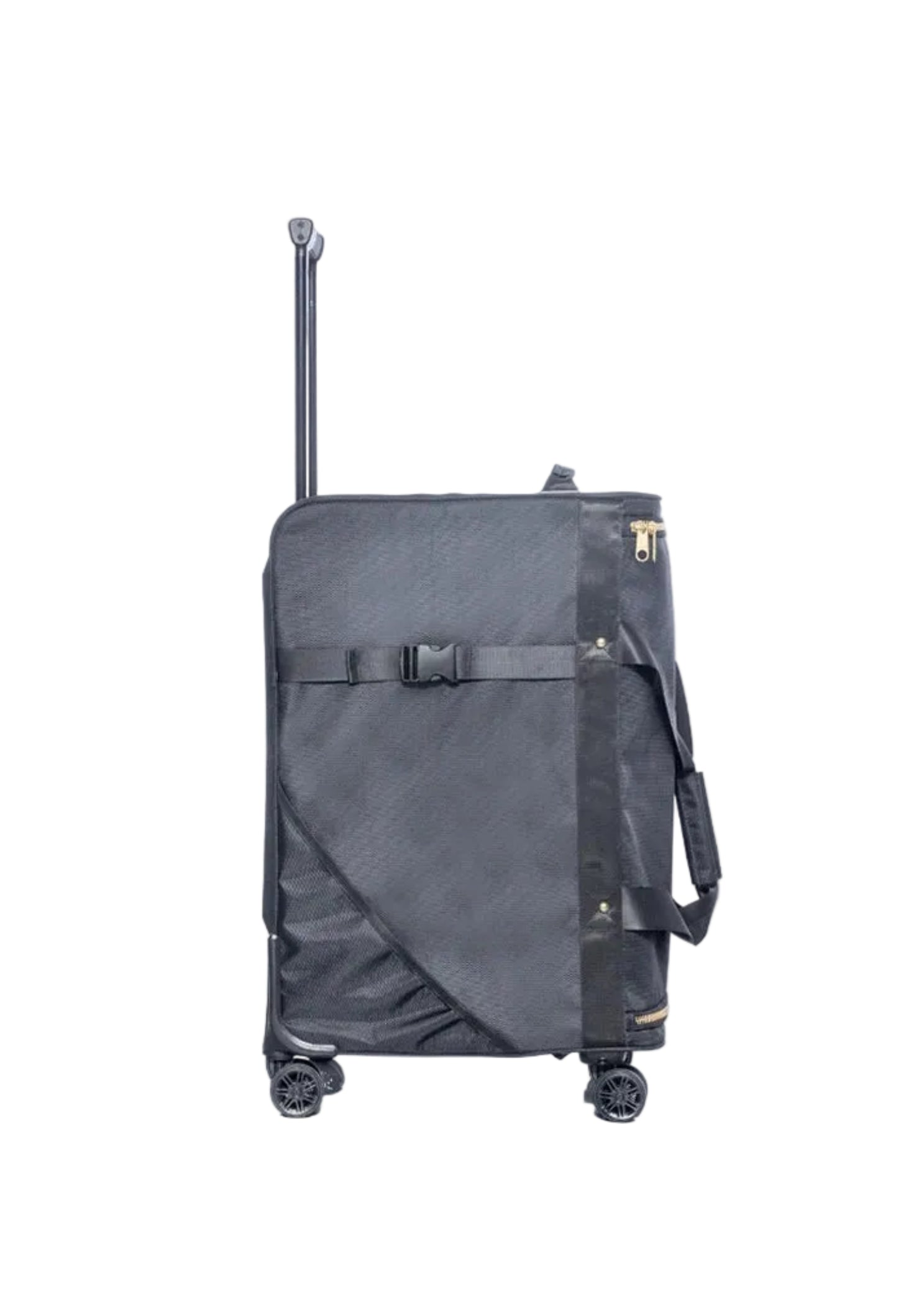 Rac n Roll Duffel with Built-In Rack in Black, right side view showing garment hooks and all-terrain wheels