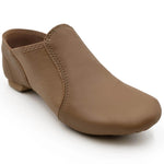 Capezio E-Series Slip-On Jazz shoe in Caramel, angled front view showing slip-on design and low heel