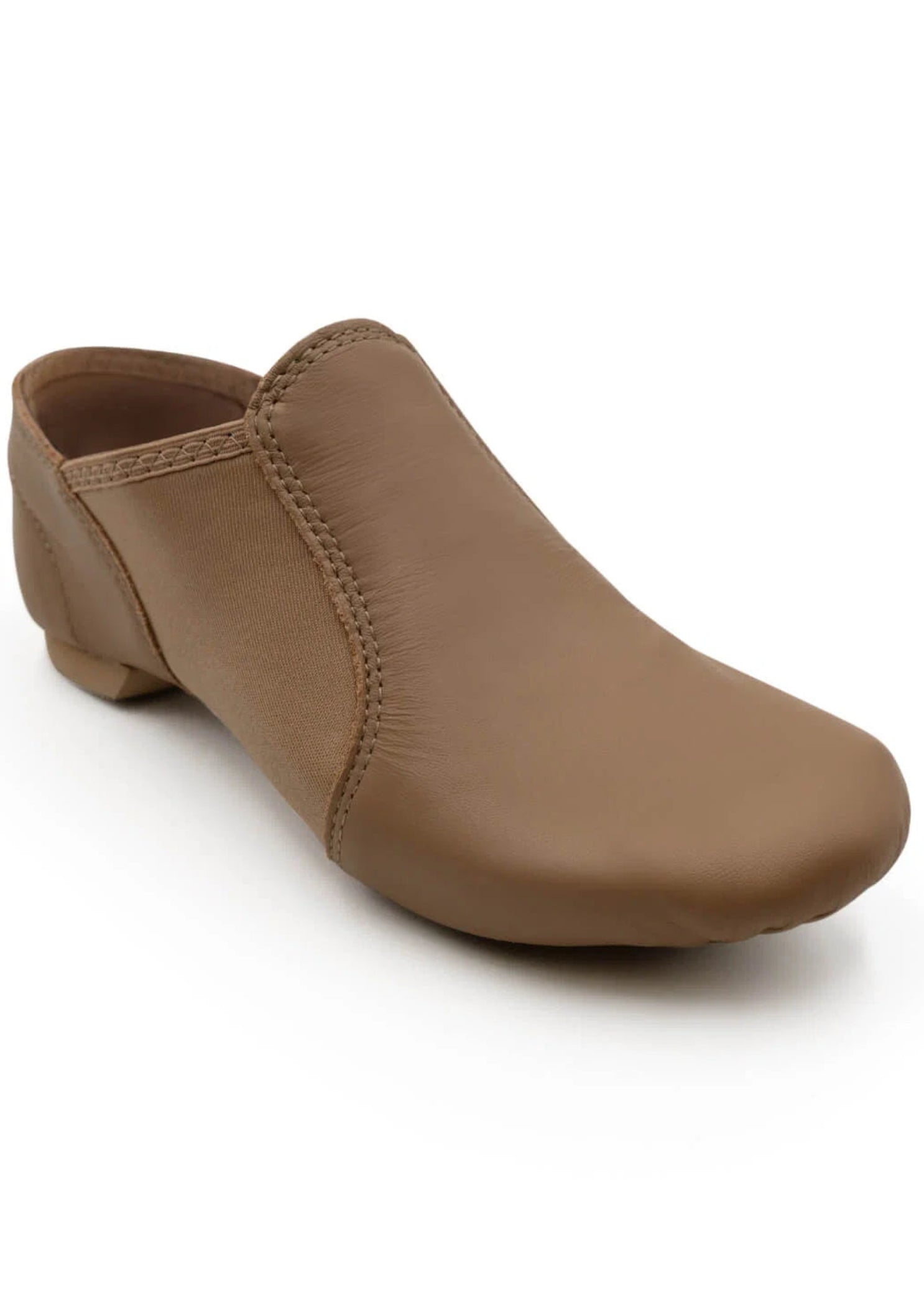 Capezio E-Series Slip-On Jazz shoe in Caramel, angled front view showing slip-on design and low heel