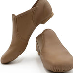 Capezio E-Series Slip-On Jazz shoe in Caramel, front view showing pair with slip-on silhouette