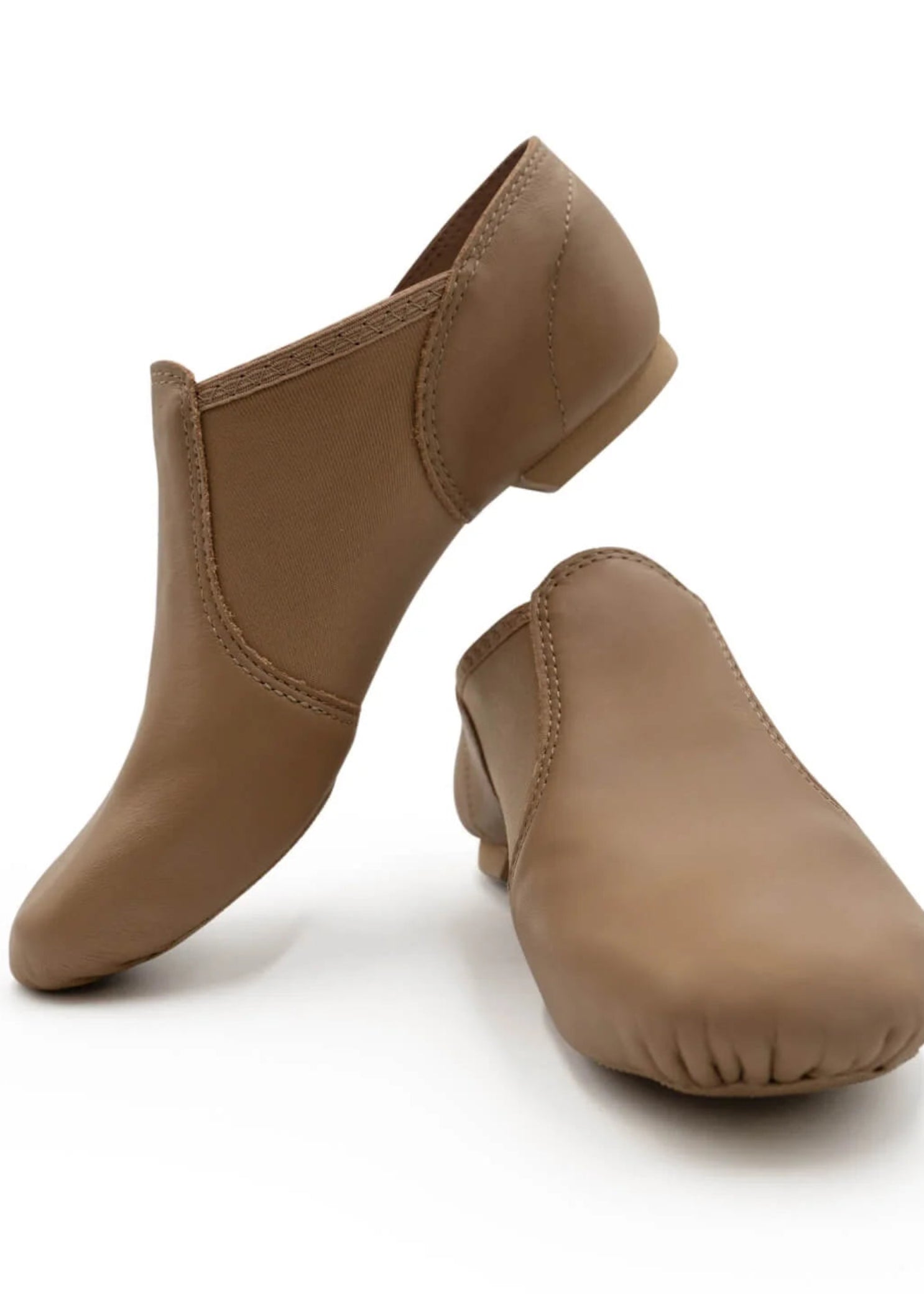 Capezio E-Series Slip-On Jazz shoe in Caramel, front view showing pair with slip-on silhouette