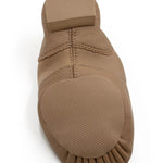 Capezio E-Series Slip-On Jazz shoe in Caramel, outsole view showing split-sole and rubber grip pad