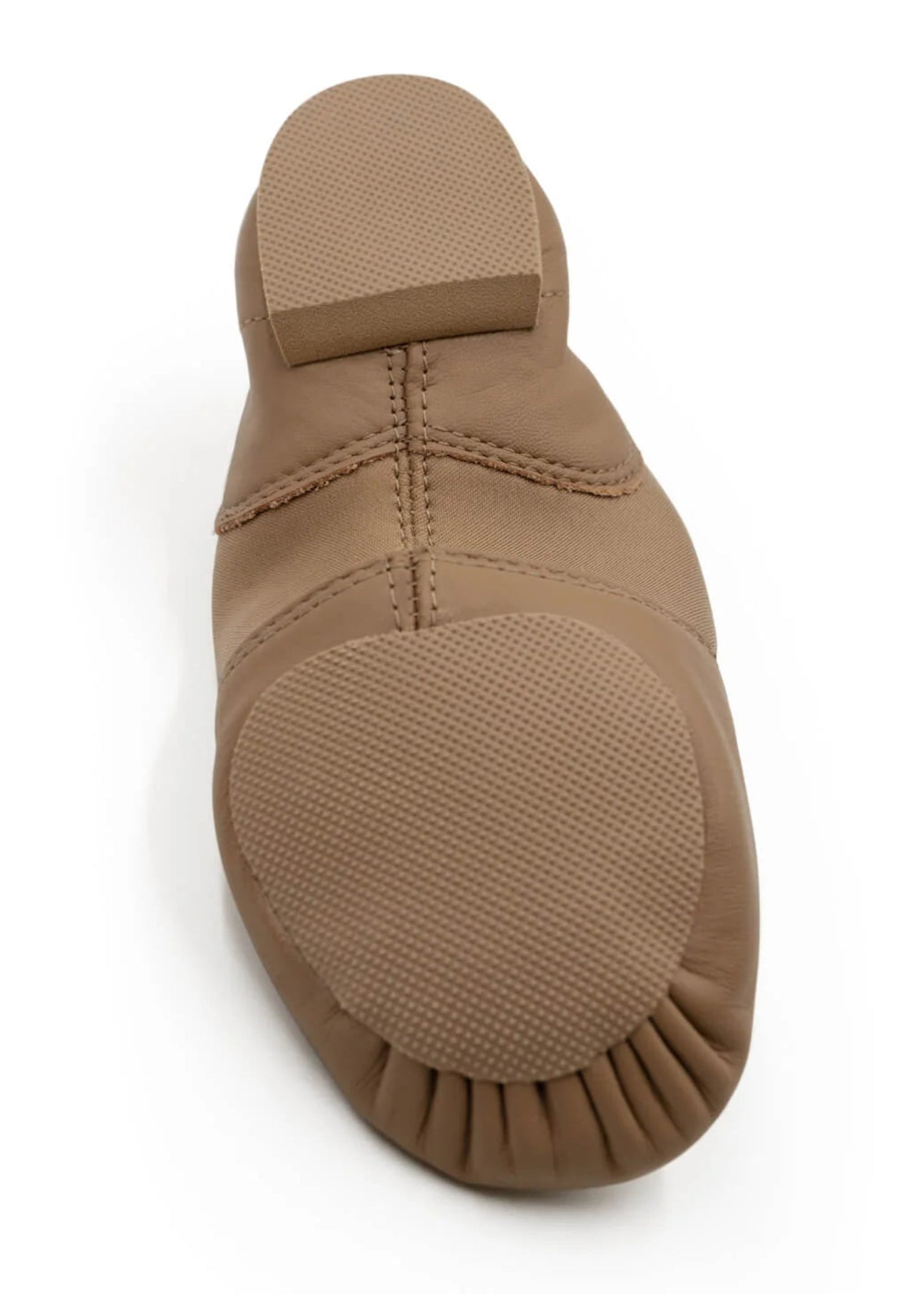 Capezio E-Series Slip-On Jazz shoe in Caramel, outsole view showing split-sole and rubber grip pad
