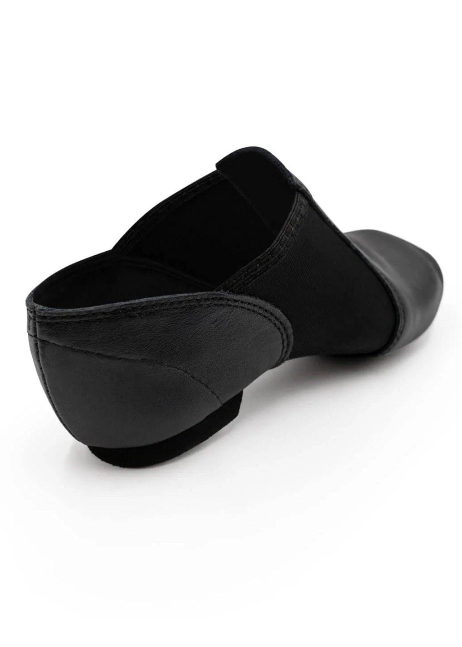 Capezio E-Series Slip-On Jazz shoe in Black, back view showing heel counter and slip-on opening