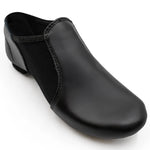 Capezio E-Series Slip-On Jazz shoe in Black, angled front view showing slip-on design and low heel
