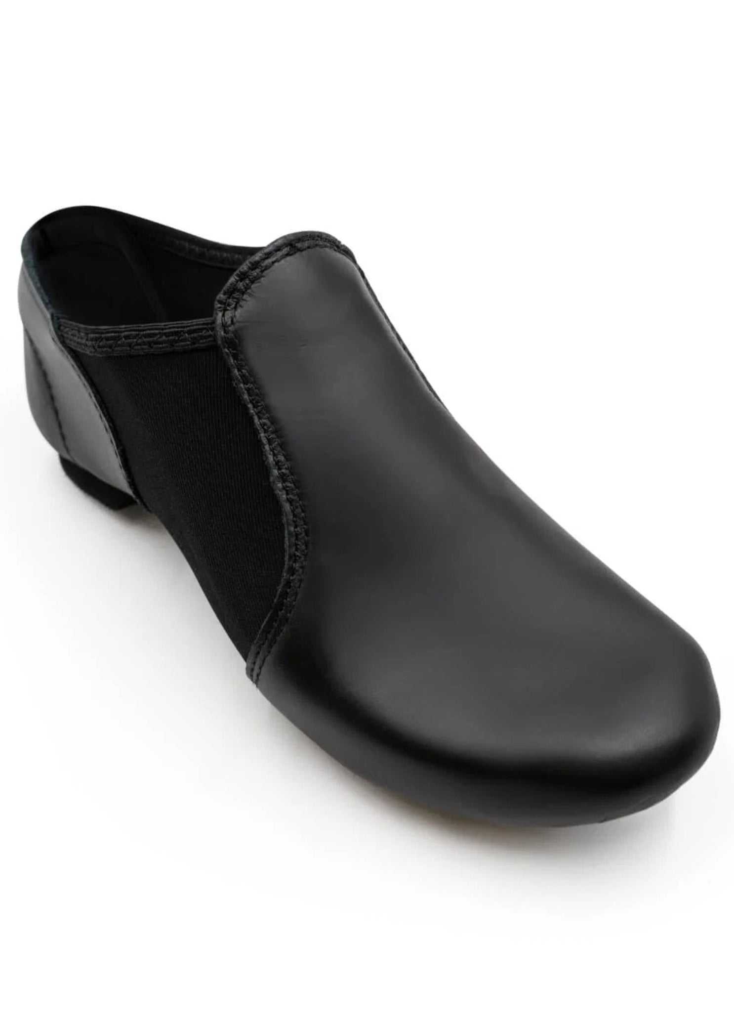 Capezio E-Series Slip-On Jazz shoe in Black, angled front view showing slip-on design and low heel