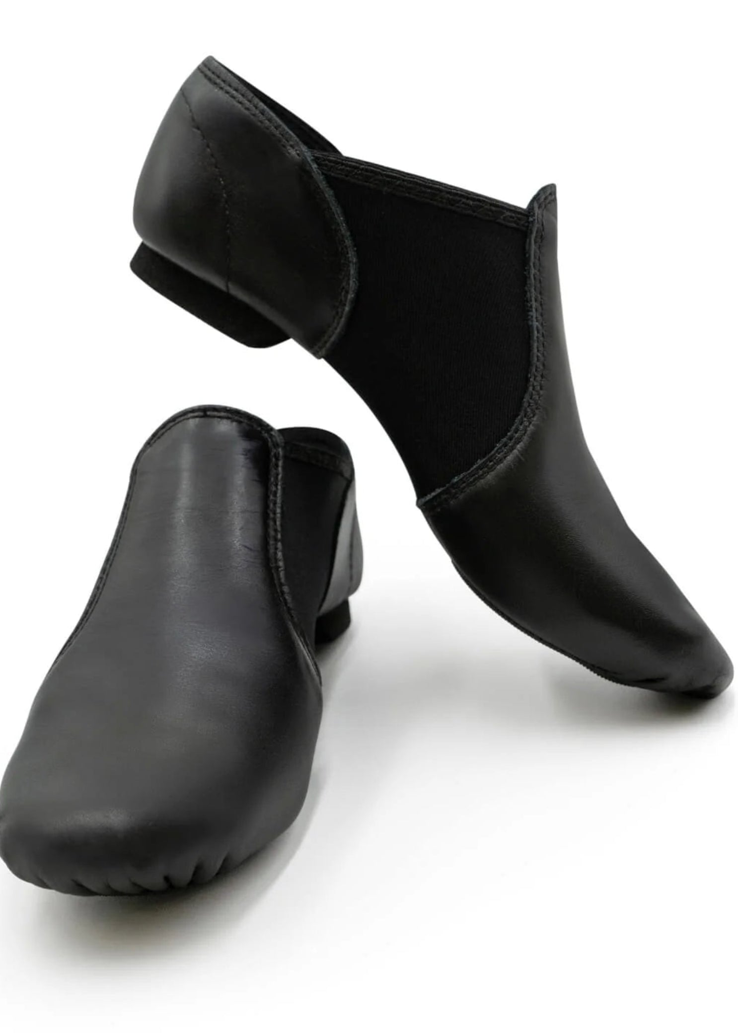 Capezio E-Series Slip-On Jazz shoe in Black, front view showing pair with slip-on silhouette