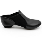 Capezio E-Series Slip-On Jazz shoe in Black, side view showing leather upper and low block heel