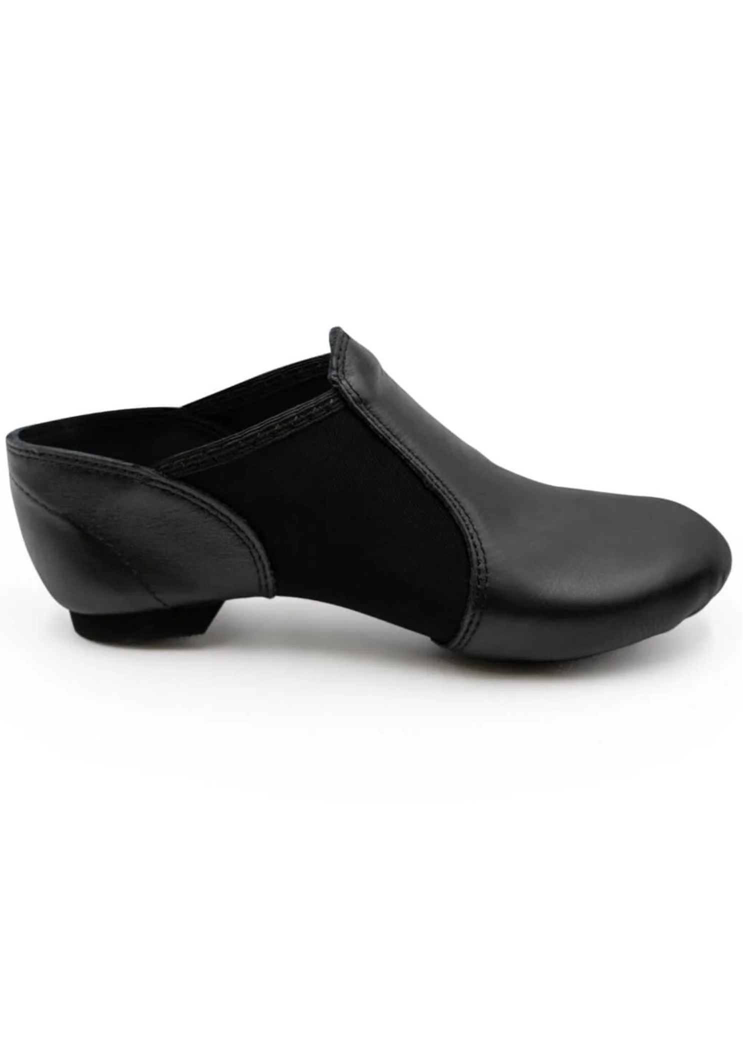 Capezio E-Series Slip-On Jazz shoe in Black, side view showing leather upper and low block heel