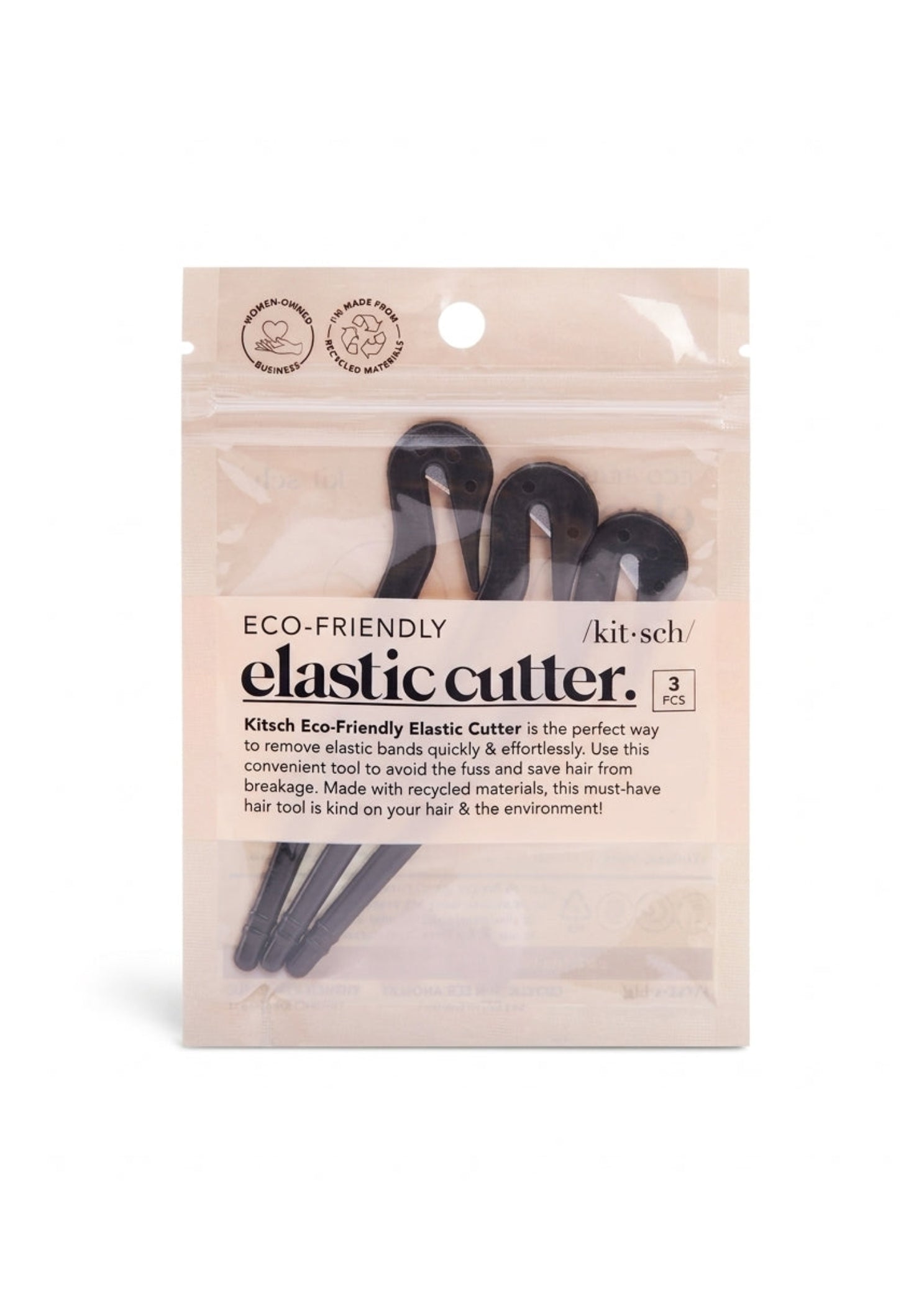 Kitsch Elastic Cutters in Black, packaging view showing retail pouch with three hook-tip cutters