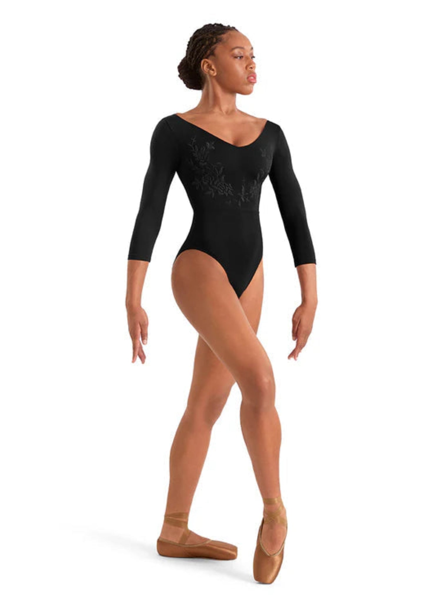 Embroidered 3/4 Sleeve Leotard Black front view