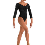 Embroidered 3/4 Sleeve Leotard Black front view