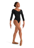 Embroidered 3/4 Sleeve Leotard Black front view