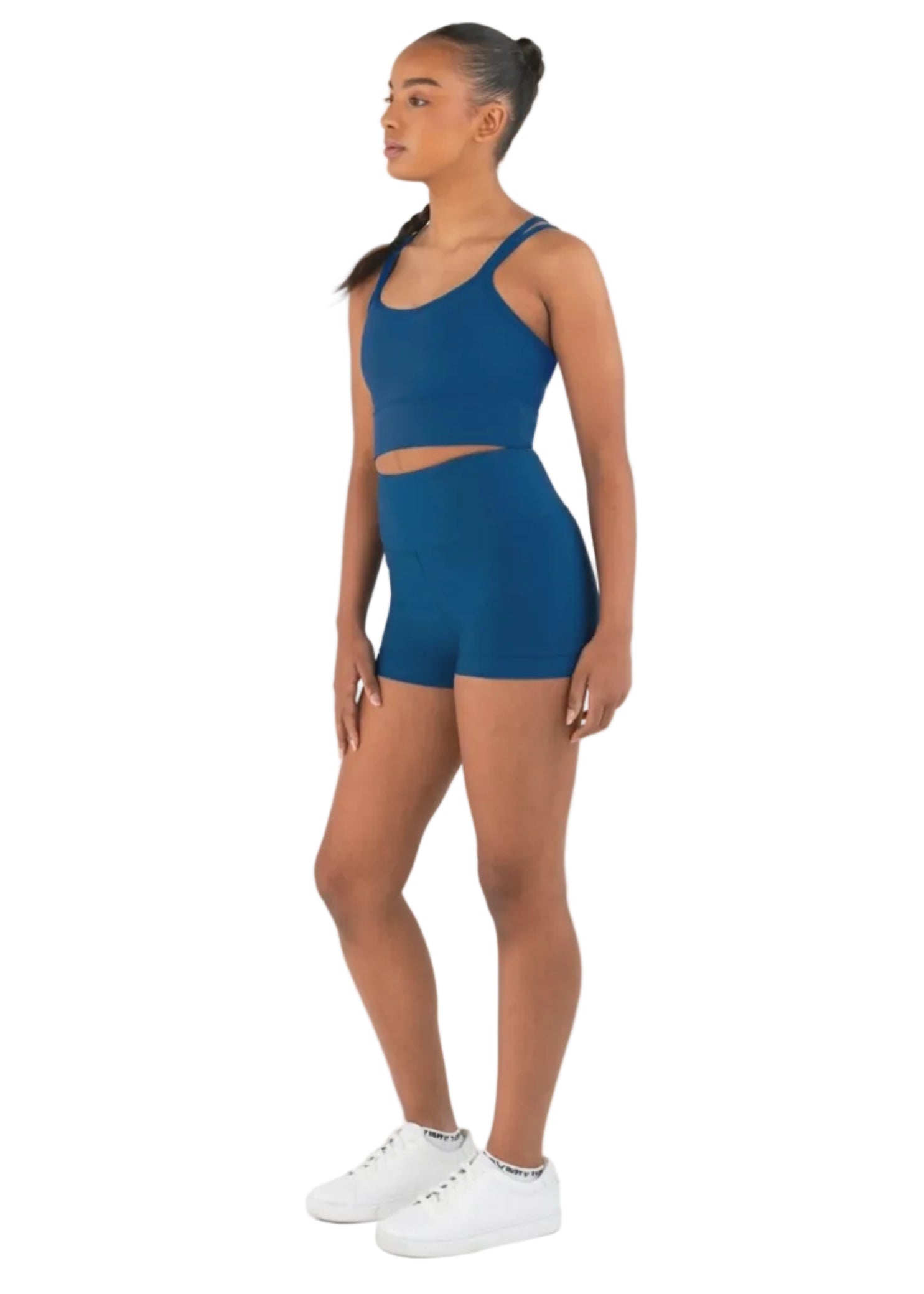 Every Turn Empowered Long Line Crop Top in Dark Ocean, side view showing scoop neckline and long-line fit