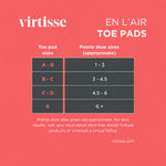 Virtisse En L'Air Lightweight Toe Pads (Fuller Cut) in Light Pink, size guide showing pad and pointe shoe sizes