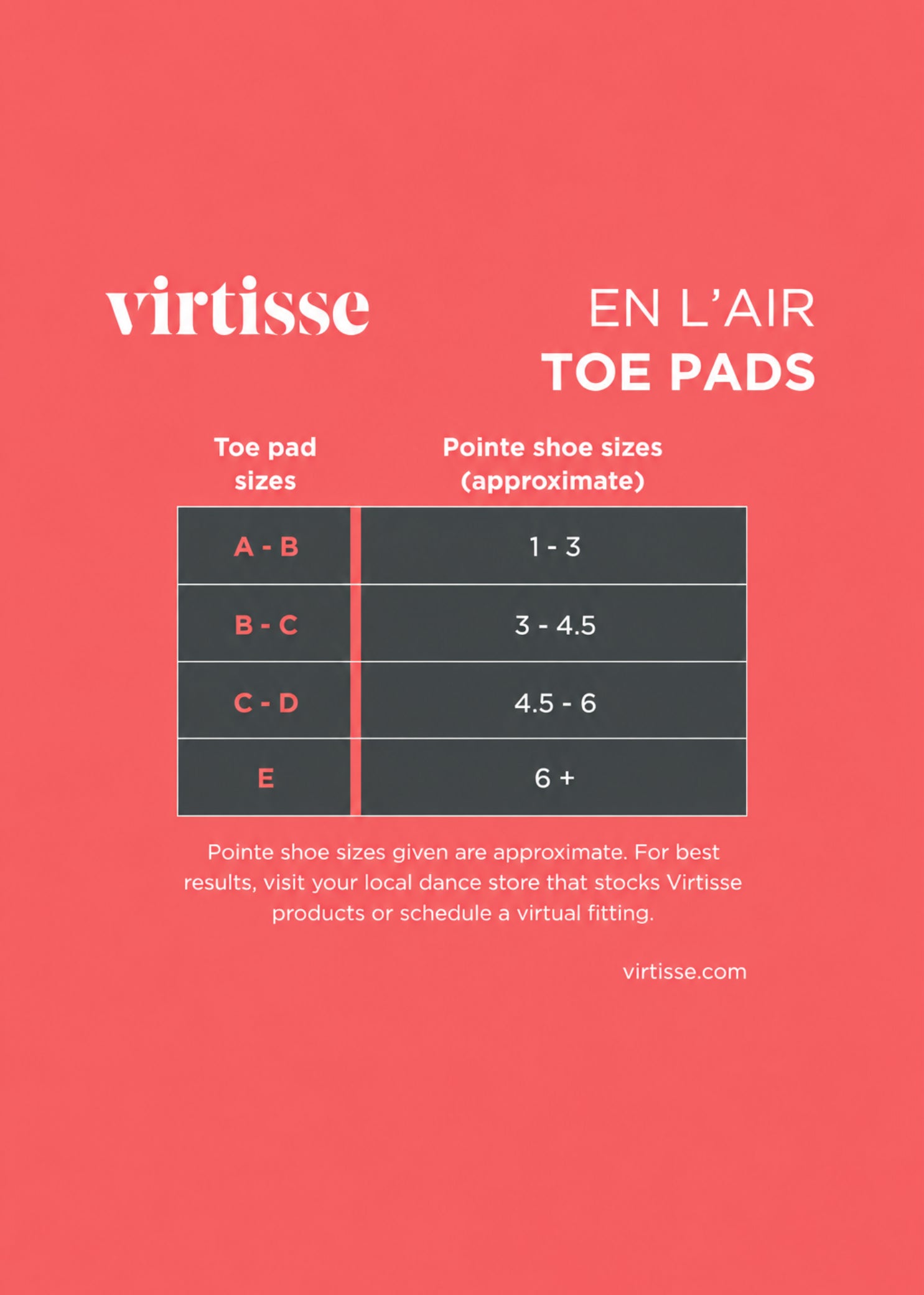 Virtisse En L'Air Lightweight Toe Pads (Fuller Cut) in Light Pink, size guide showing pad and pointe shoe sizes