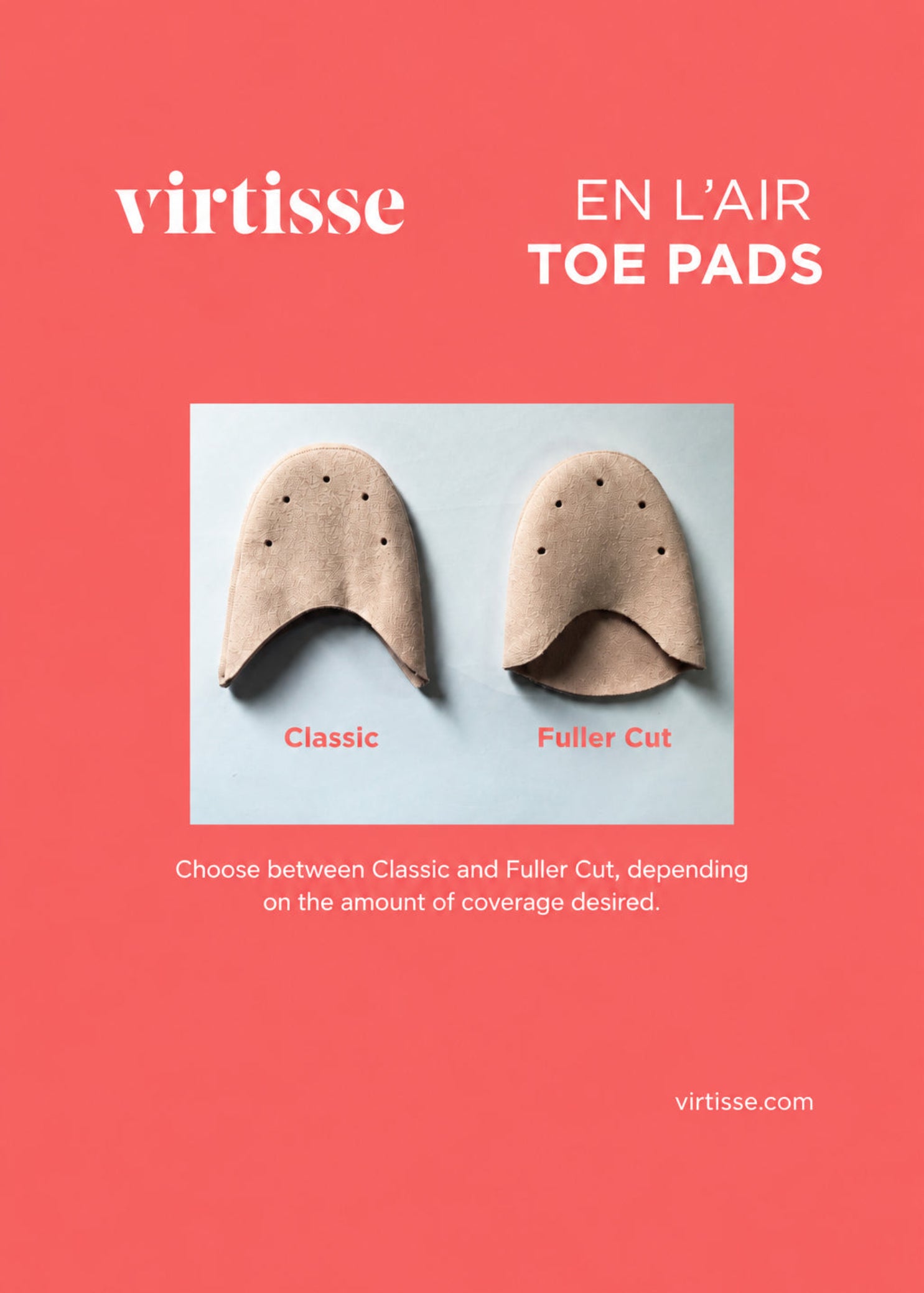 Virtisse En L'Air Lightweight Toe Pads (Fuller Cut) in Light Pink, comparison view showing Classic and Fuller Cut