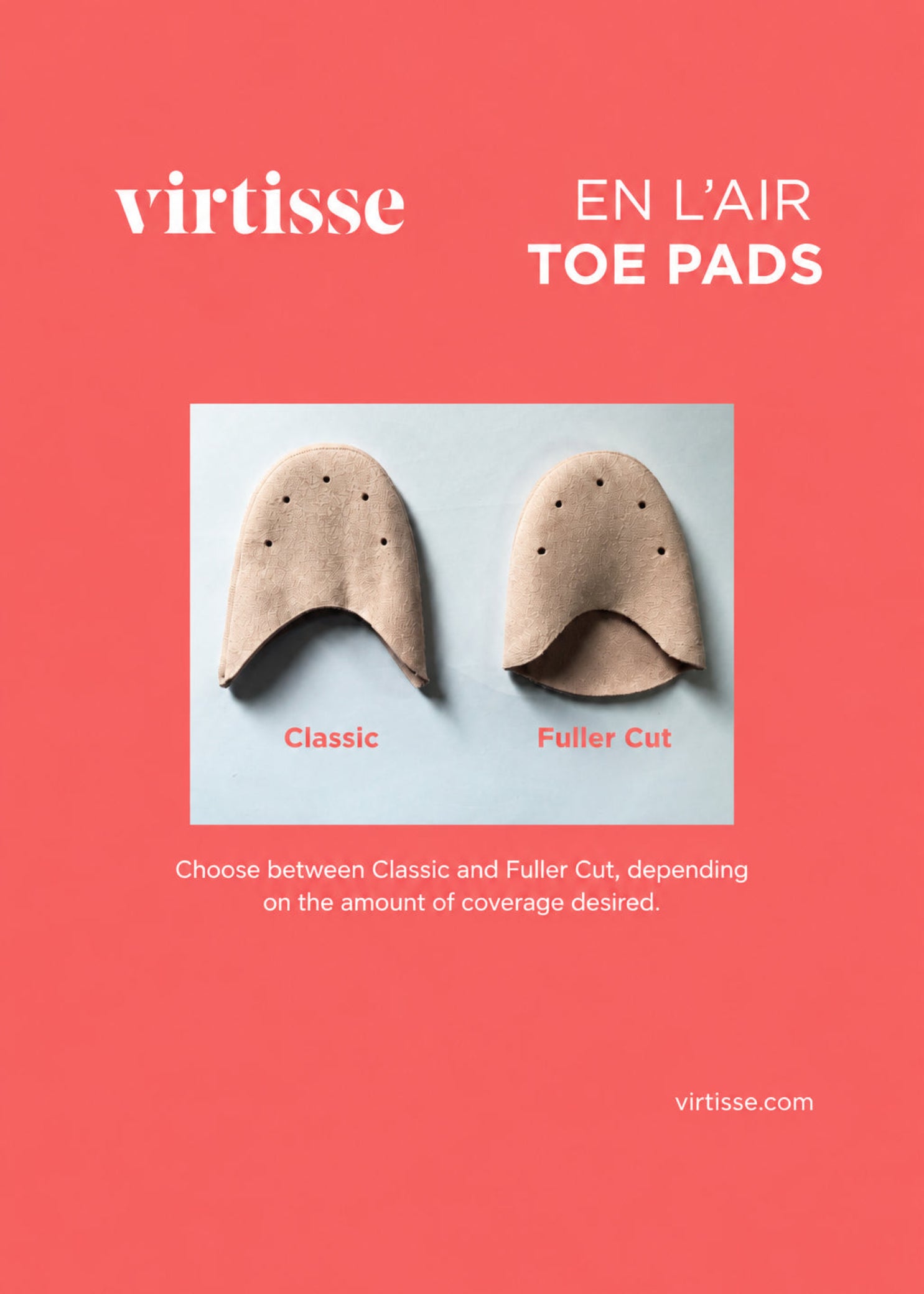 Virtisse En L'Air Lightweight Toe Pads (Fuller Cut) in Light Pink, comparison view showing Classic and Fuller Cut