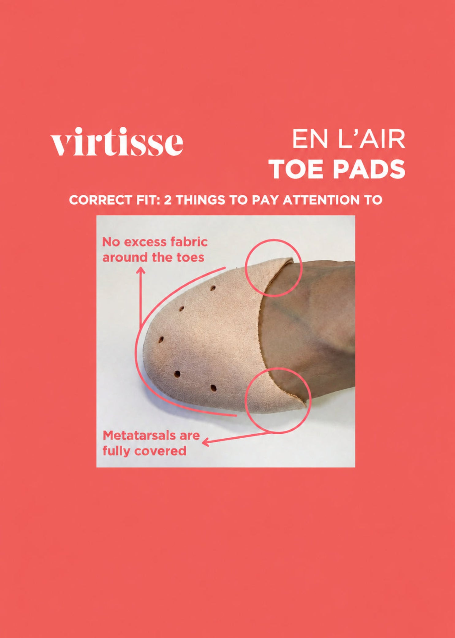 Virtisse En L'Air Lightweight Toe Pads (Fuller Cut) in Light Pink, features detail view showing metatarsal coverage