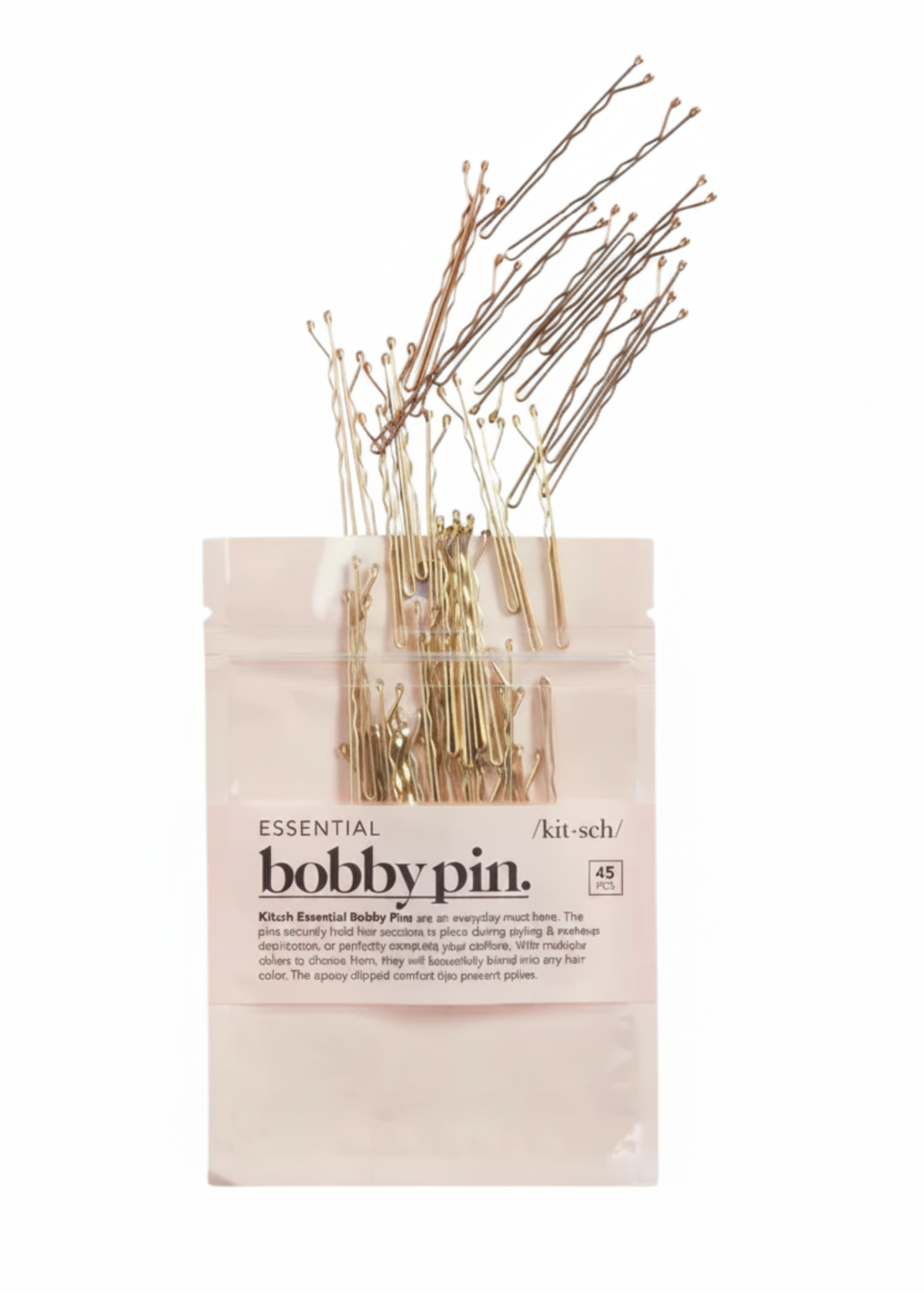 Kitsch Essential Bobby Pins in Gold, front view showing 45-count gold pins in clear resealable retail pouch