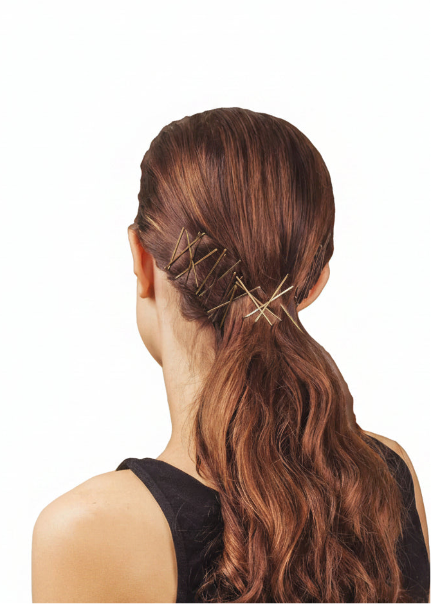 Kitsch Essential Bobby Pins in Gold, lifestyle view showing gold pins securing a low ponytail