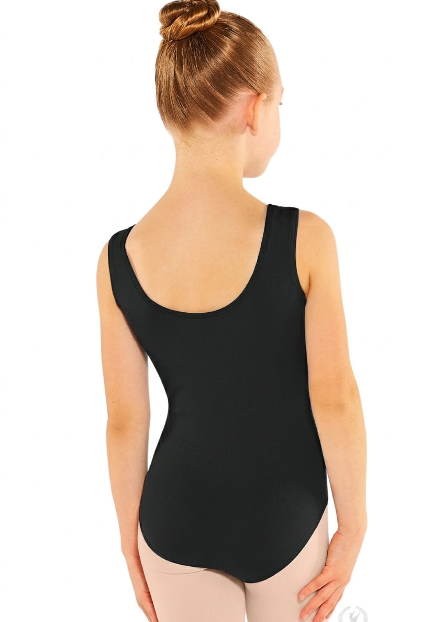 Eurotard Basic Tank Leotard in Black, back view showing scoop back and wide supportive straps