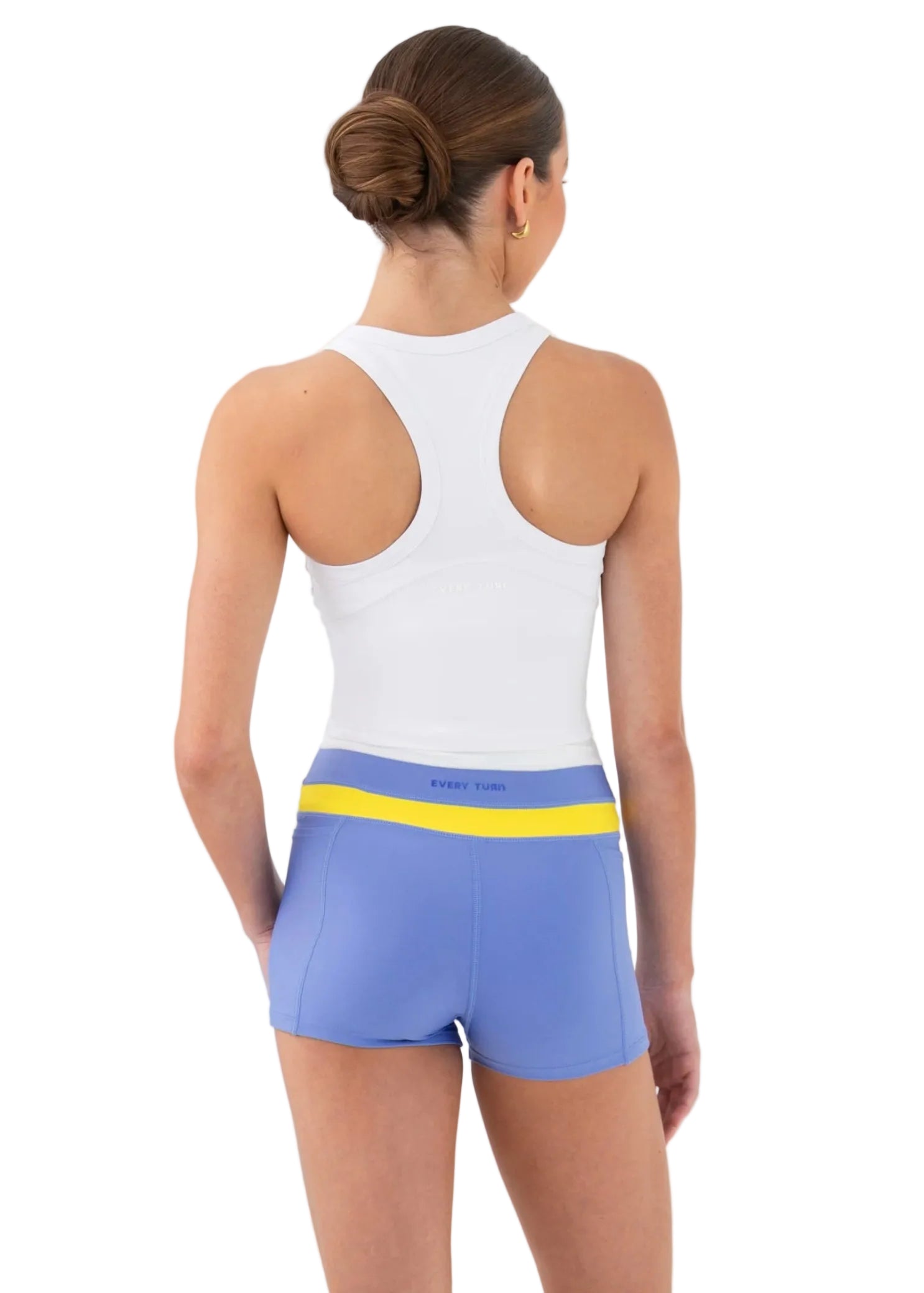 Every Turn Everyday Long-line Singlet in White, back view showing racerback panel and curved arm openings