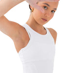 Every Turn Everyday Long-line Singlet in White, front closeup view showing smooth fabric and bound neckline