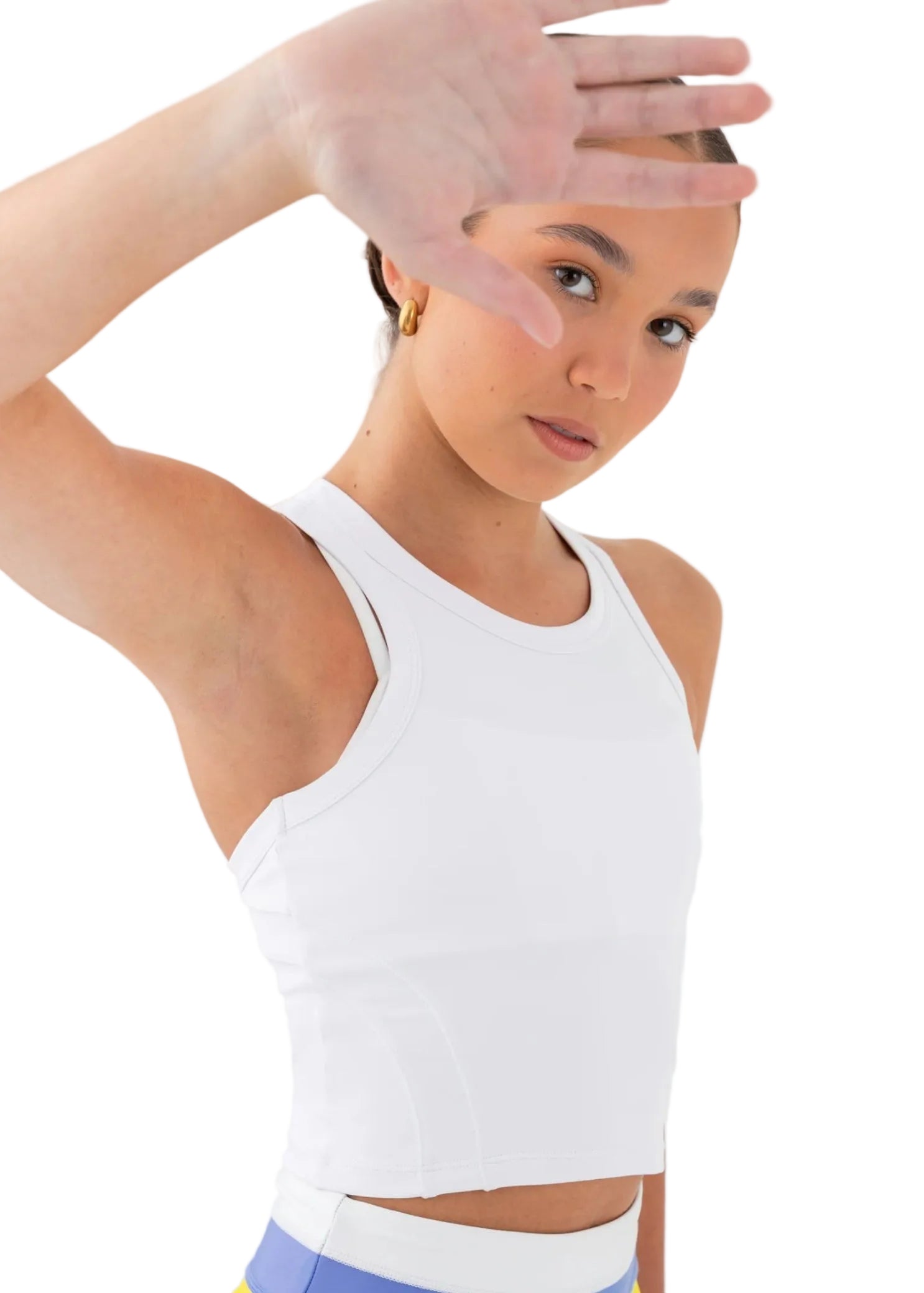 Every Turn Everyday Long-line Singlet in White, front closeup view showing smooth fabric and bound neckline