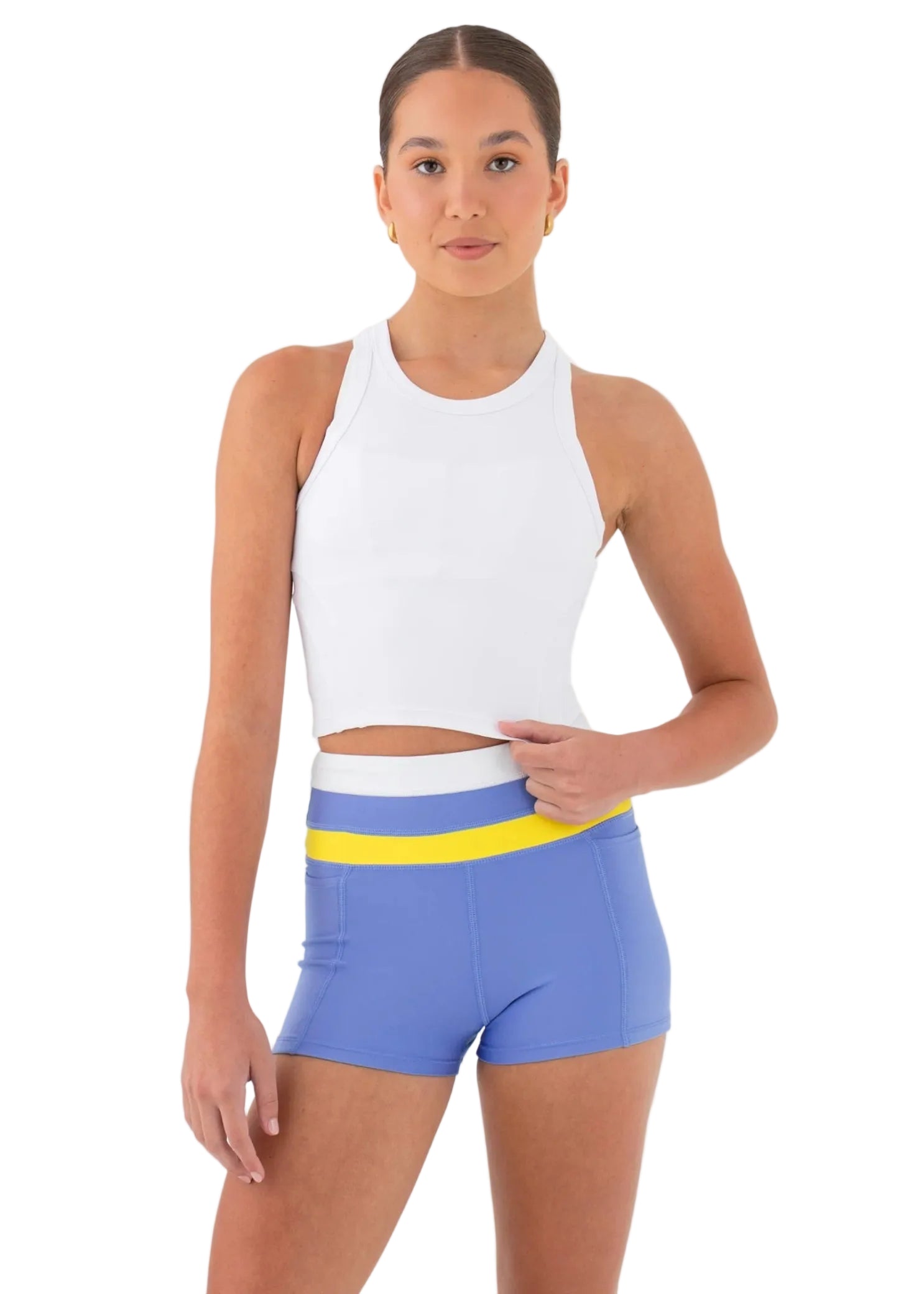 Every Turn Everyday Long-line Singlet in White, front view showing high neckline and smooth cropped silhouette