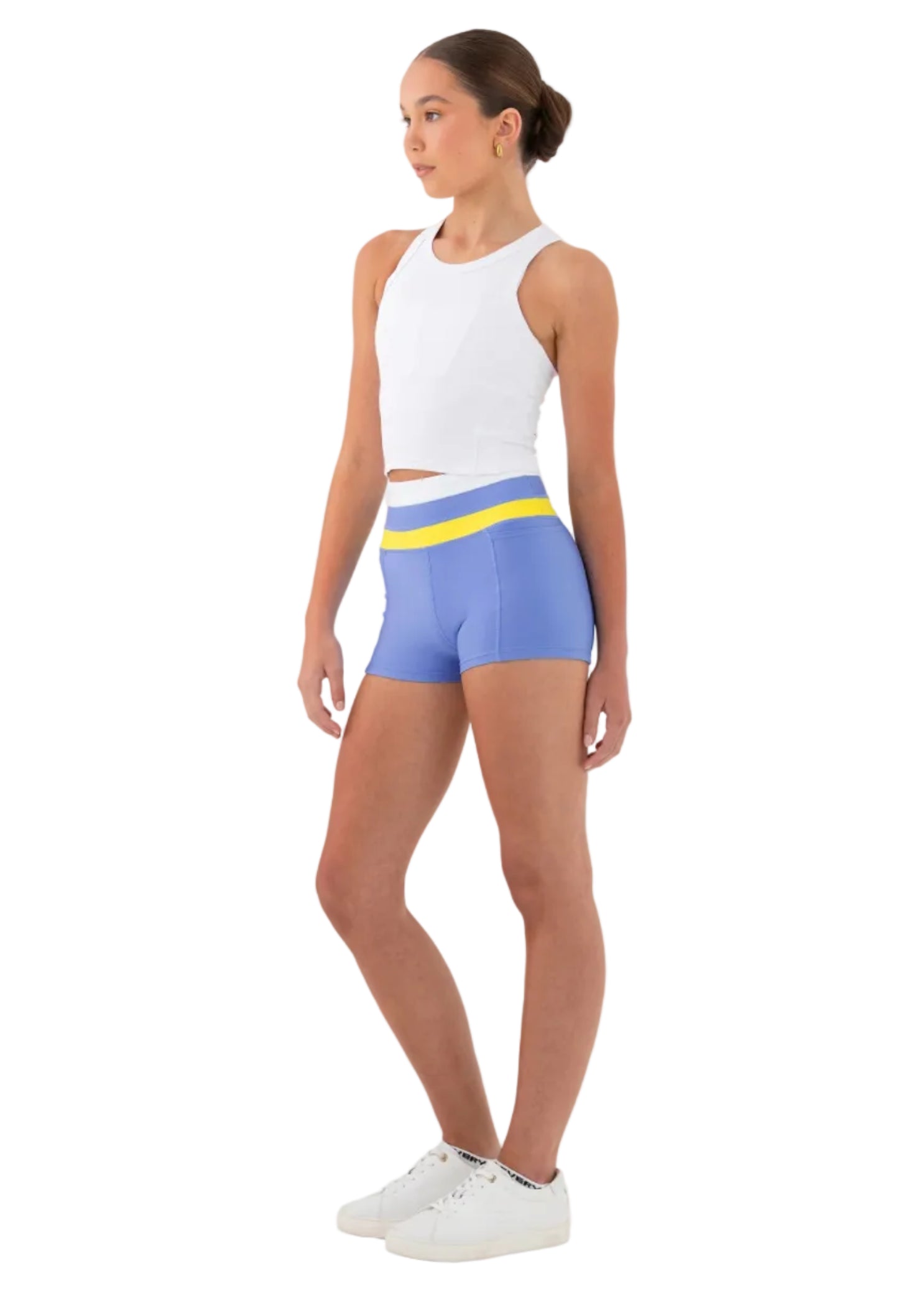 Every Turn Everyday Long-line Singlet in White, side view showing fitted long-line cut and high neckline