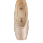 R Class Fantasia Pointe Shoe Hard Shank in Pink, top view showing wide platform and pleatless U-cut vamp