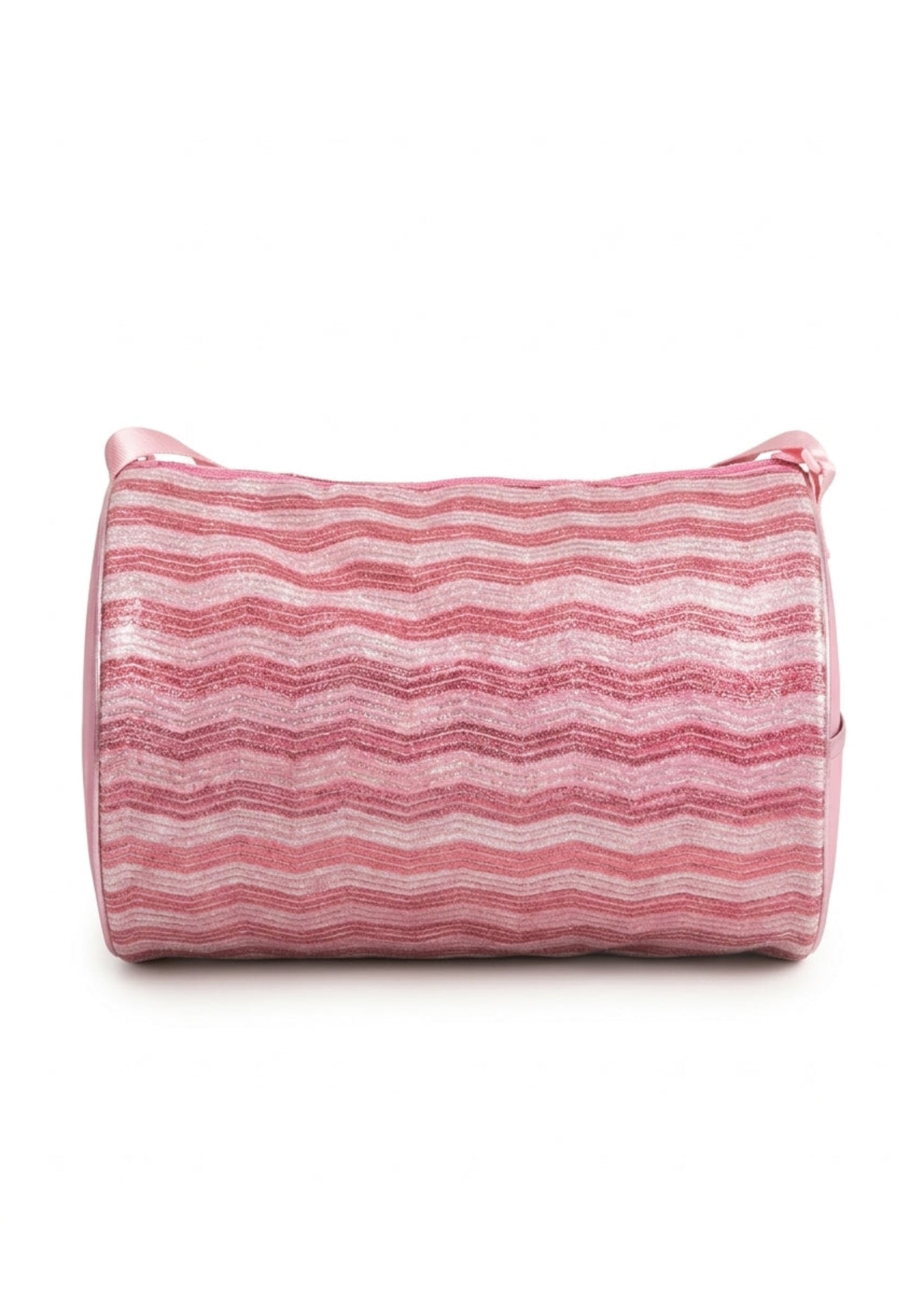 Capezio Fantasy Barrel Bag in Pink, front view showing wave sequin exterior and embossed logo end cap