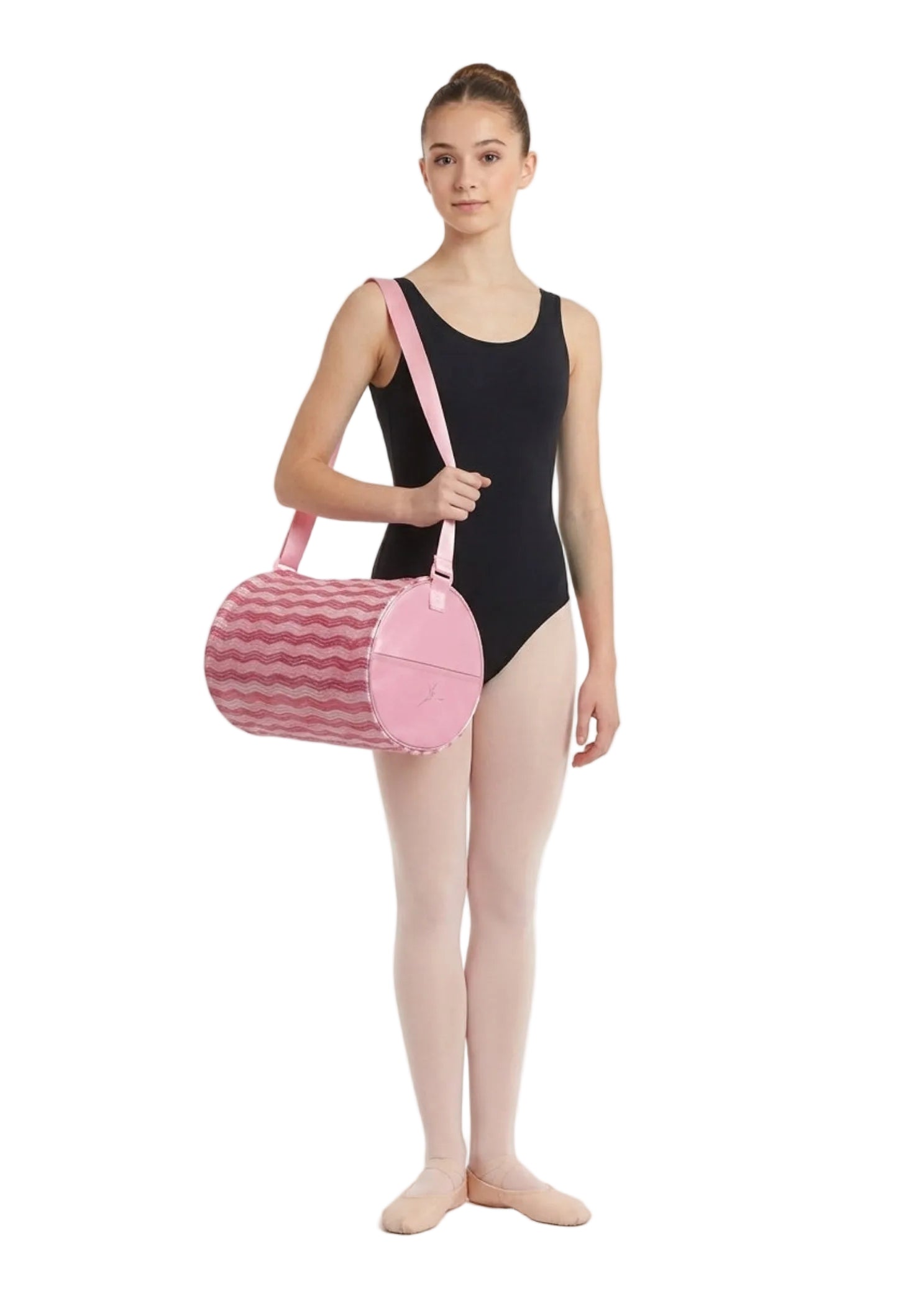 Capezio Fantasy Barrel Bag in Pink, lifestyle view showing wave sequin exterior and zipper closure