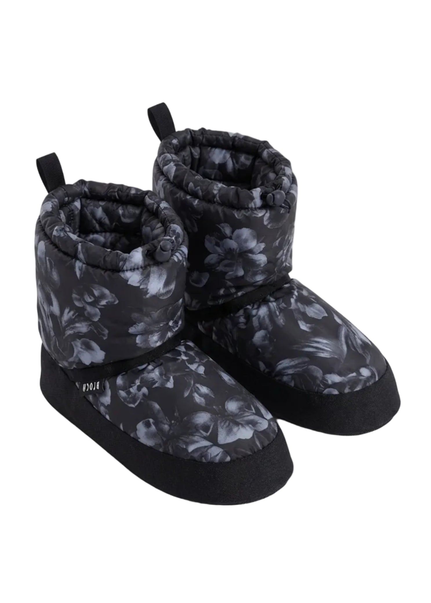 Bloch Fashion Bootie in Floral, front view showing insulated pair with floral print, bungee openings and pull tabs