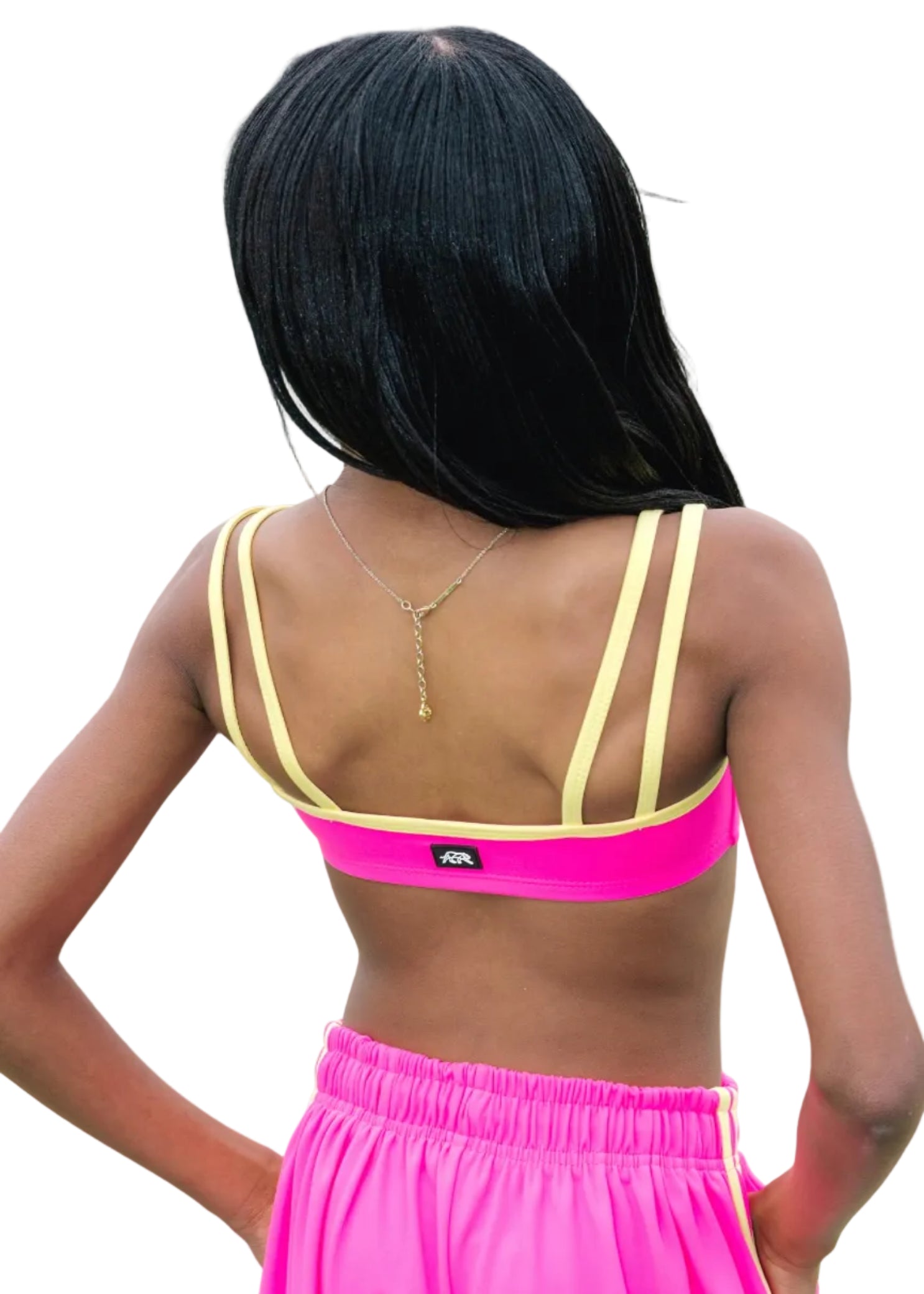 Tiger Friday Firefly Bra in Popsicle, back view showing dance bra with adjustable straps and shelf lining