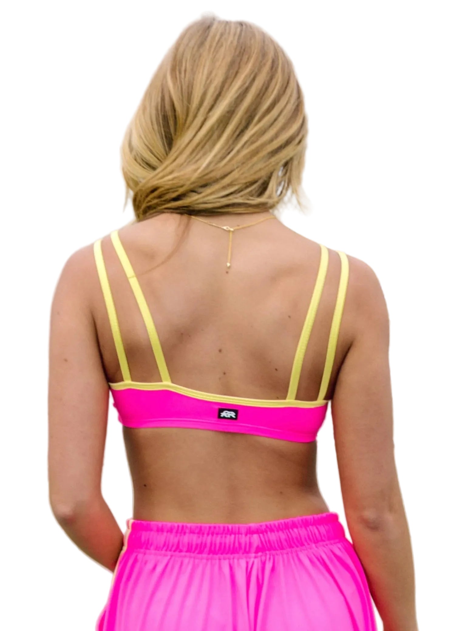 Tiger Friday Firefly Bra in Popsicle, back view showing dance bra fit on second model