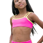 Tiger Friday Firefly Bra in Popsicle, front view showing dance bra with adjustable straps and shelf lining